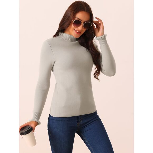 Fall Winter Fluffy Lined Long Sleeve Ribbed Knit Slim Fit Casual Top Grey - Picture 3 of 5